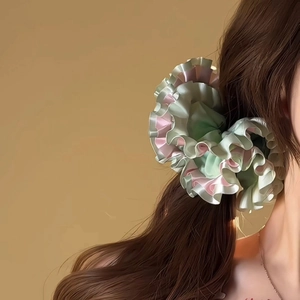 Pink and mint green ruffled oversized scrunchie for sweet ponytail and bun hairstyles