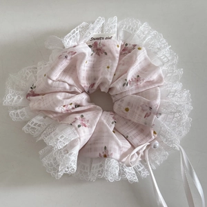 Floral lace hair scrunchie in pink with Sweety girl label and pearl ribbon detail