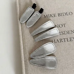 Minimalist Silver Leather Hair Clips For Women Triangle Waterdrop BB Clips Geometric Metallic Faux Leather Side Hairpins