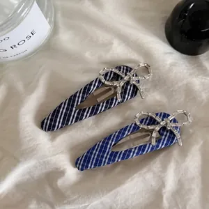Barrette à Cheveux Nœud en Strass Style Marine Rayé Tissu Enveloppé Clip BB Minimaliste Géométrique Épingle à Cheveux Élégante Coiffure Femme