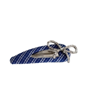 Barrette à cheveux en tissu rayé bleu marine et blanc avec nœud en strass pour femme