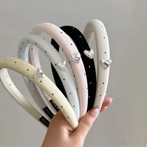Sweet Cream Polka Dot Satin Headband For Women Vintage Heart Rhinestone Hair Band Summer Fashion Hair Accessories