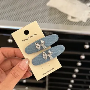Fermaglio per Capelli in Tessuto Denim Stile Coreano Con Fiocco in Metallo Argentato Dolce Moda Clip Laterale per Frangia Donna Ragazza Accessori per Capelli