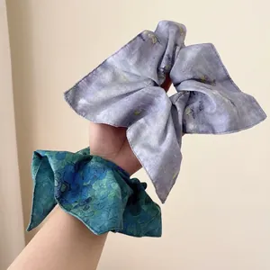 Vintage Oil Painting Style Fabric Scrunchie With Bow Ribbon Elegant Floral Striped Ponytail Holder Hair Tie For Women