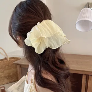 Elegant Large Mesh Artificial Pearl Pleated Oversized Scrunchie Soft Tulle Elastic Hair Tie For Women Girls Daily Hair Accessories