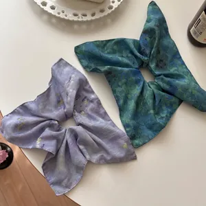 Vintage floral silk scrunchie with large bowknot in purple and teal printed fabric