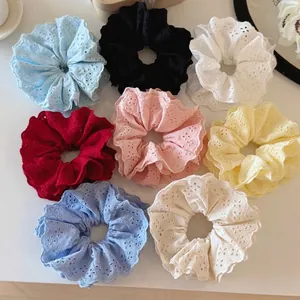 Chouchou en Dentelle Style Français Coton Broderie à Œillets Élastique Cheveux Volants Bandeau Femme Accessoires Cheveux