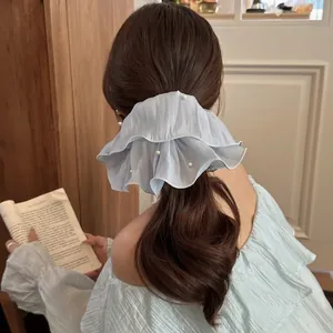 Elegant light blue oversized mesh hair scrunchie with white pearls for women hair styling