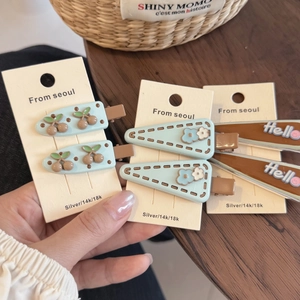 Pinza para el Cabello Estilo Coreano Dulce Azul Café Cereza Floral Hello Letra Set Aleación Resina Clip de Pico de Pato para Mujer Niñas