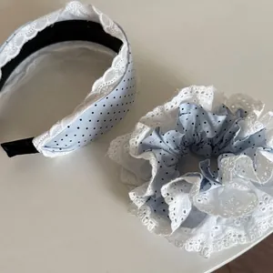 Set Accessoires Cheveux Dentelle à Pois Bleus Doux Serre-tête en Tissu et Chouchou Style Coréen Bijoux de Cheveux Femme