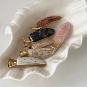 Elegant Vintage Acetate Hair Clip With Colorful Rhinestones For Women Marble Texture Side Duckbill Clip Hair Accessories