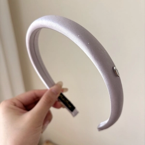 French style lilac satin padded headband with Love metal logo and thick sponge core