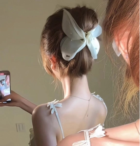Détail d'une pince à cheveux papillon en tulle blanc avec strass sur un chignon élégant