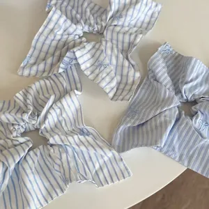 Fresco Elastico per Capelli in Tessuto Fatto a Mano Blu Bianco a Strisce a Quadri Fiocco Ricamato Per Capelli Moda Copricapo Donna