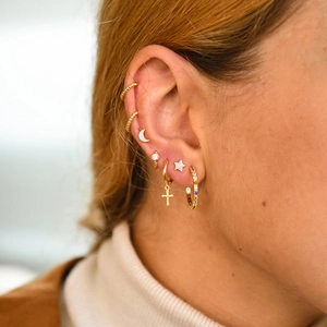 S925 silver needle celestial gold earrings featuring stars moons and colorful crystals