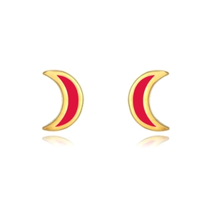 Detailed close-up of crescent moon earrings with red enamel and golden metal borders