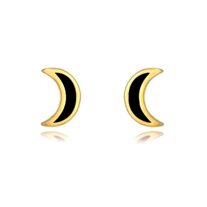 Detailed close-up of crescent moon earrings with gold finish and black enamel inlay