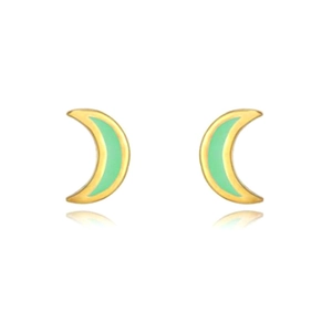 Detailed view of crescent moon stud earrings with golden edges and pale green enamel filling