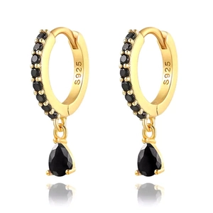 S925 silver hoop earrings with gold plating and pear-shaped black zircon gemstones