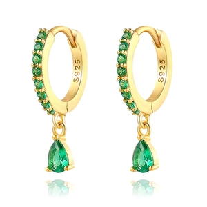 Elegant 925 silver hoop earrings with gold plating and pear-shaped green zircon pendants