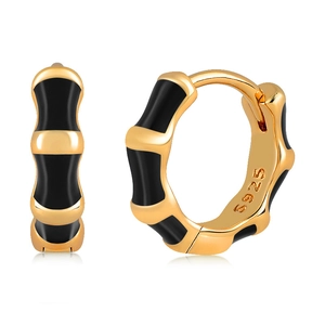Vintage gold S925 silver hoop earrings with black enamel bamboo style design