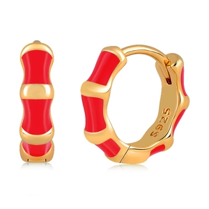 Bamboo style S925 silver hoop earrings with red enamel and gold plating for women