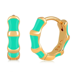 Bamboo-style S925 silver hoop earrings with mint green enamel and 18k gold plating