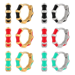 Vintage Bamboo Joint Enamel Hoop Earrings For Women Silver Earring Post Copper Gold Silver Plated Geometric Huggie Jewelry