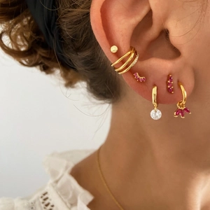 18K vergoldetes Ohrmanschetten-Set für Damen mit Zirkon-Inlay und rosa Kristallanhängern