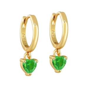 Close-up of S925 sterling silver gold-plated hoop earrings with heart-shaped green zircon