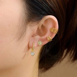 Chic 18K gold plated heart zircon and green enamel daisy earrings set worn on ear