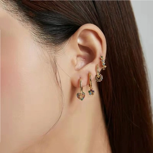 S925 silver hoop earrings set with colorful zircon heart and star charms for women
