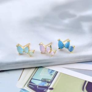 S925 silver needle wing-shaped earrings with gradient zircon in light blue, pink and peacock blue