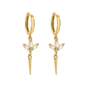 Detailed close-up of golden marquise crystal clover earrings with a polished cone drop charm