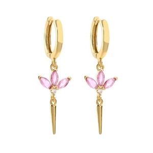 Detail of gold dangle earrings with pink marquise stones and tapered cone pendants