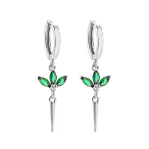 Detail view of S925 silver needle clover earrings with green marquise stones and metal cone