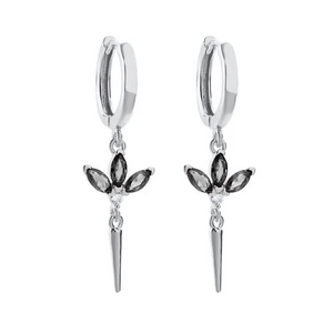 Elegant S925 silver needle hoop earrings with black marquise gems and conical tassel pendants