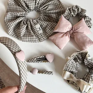 French Retro Checkered Hair Clip Sweet Pink Heart Ball Plaid Barrette Fabric Duckbill Clip For Women Fashion Hair Accessories