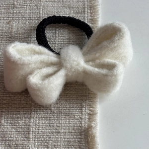 Elegant cream wool bow hair scrunchie with high elasticity black rubber band