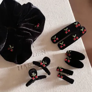 Vintage Black Velvet Red Cherry Square Hair Claw Clip Sweet French Style Small Bangs Clip Cute Hair Accessories For Women