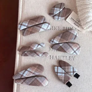 Vintage sea salt blue plaid hair clip set with elegant fabric tartan pattern