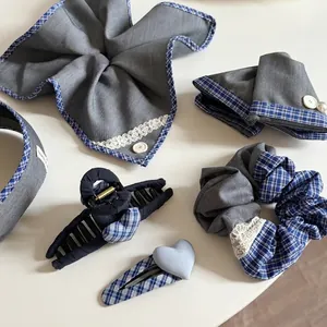 Blue-grey plaid lace hair accessory set with scrunchie, headband, and claw clip
