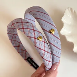 Vintage Blue Plaid Padded Headband For Women Elegant High Top Hairband With Gold Heart Decor Handmade Hair Accessories