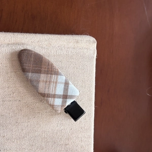 Vintage sea salt blue plaid hair clip with brown checkered fabric on metal duckbill clip