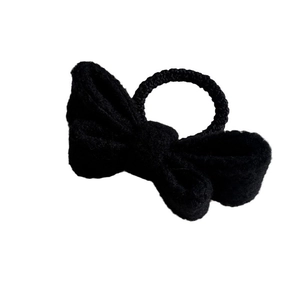 Elegant 3D layered black knitted wool bow hair tie for high ponytail styling
