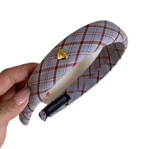 Blue plaid sponge headband with gold heart metal detail and vintage retro style