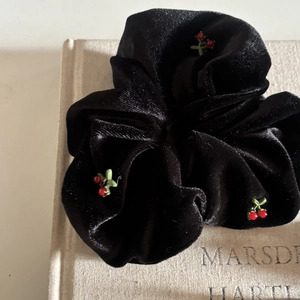 Retro black velvet scrunchie with red cherry charms and green leaves hair accessory