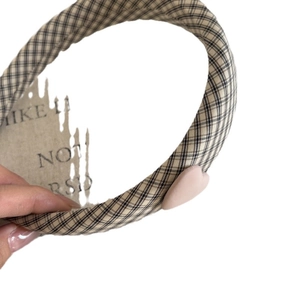 Pink heart ornament on vintage brown checkered headband for a sweet aesthetic style