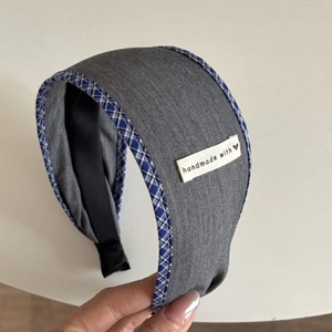 Blue and grey plaid lace fabric headband with handmade label for women hair styling