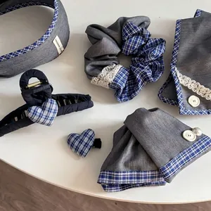 Handmade Lace Fabric Plaid Hair Clip Gray Blue Striped Heart Hair Claw Scrunchie Headband Hair Ties Elegant Hair Accessories For Women